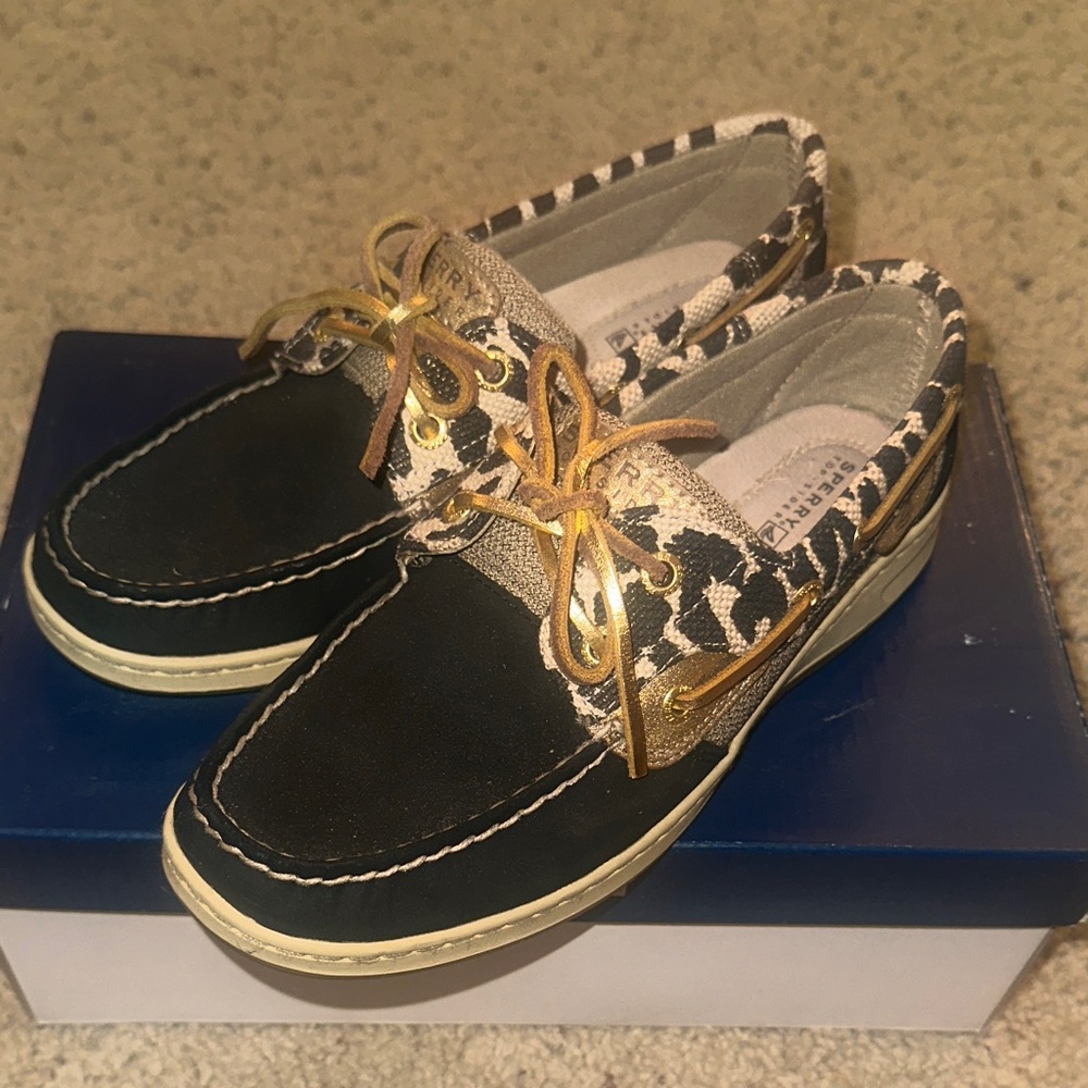 Sperry Black and Gold Animal Print Boat Shoes 7 like new